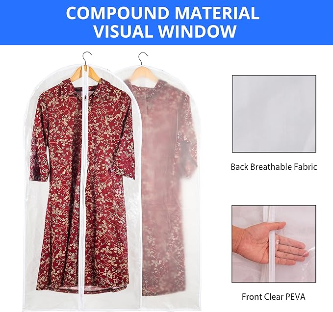 Clear Garment Bags for Long Gowns, Vinyl Dress Storage Bags, Zippered Plastic Protector for Dresses, 24"x60", 6 Pack