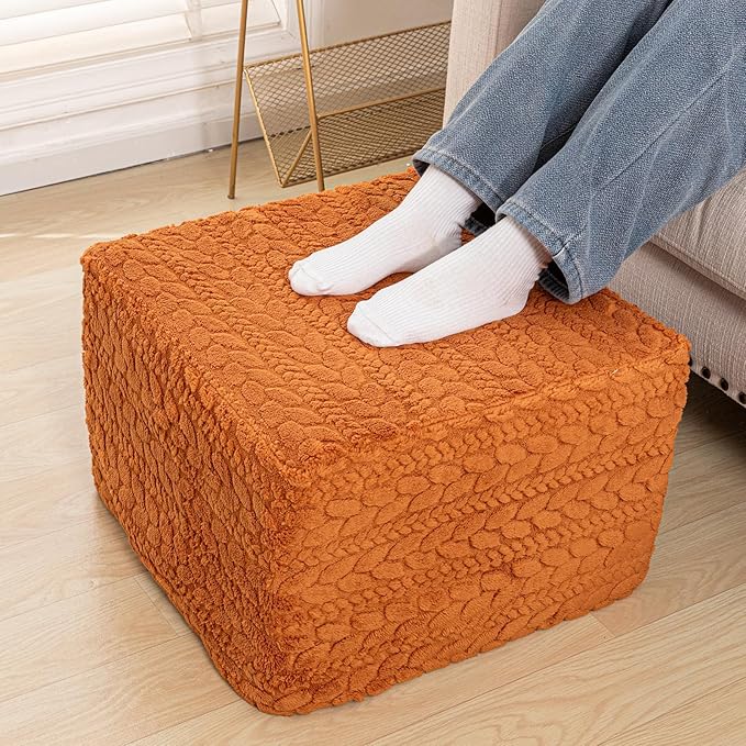 20x20x14 Inches Fluffy Square Pouf Ottoman - Plush Furry Ottoman Foot Rest Stool with High-Density Foam, Versatile Floor Seating for Living Room (Burnt Orange)