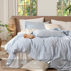 MooMee Gingham Duvet Cover Set 100% Washed Cotton Linen Like Textured Breathable Durable Soft Comfy Modern Checkered Design (Classic Gingham Cornflower Blue, Oversized Full 82"x86")
