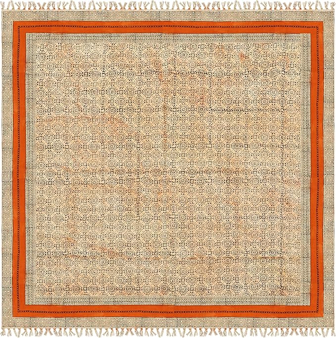 Area Rug 10' Square Rug Bronze & Black Cotton Dhurrie Oriental Thick 0.19 inches Stone Easy Washable Rug Hand Wash Cotton Carpet Flatweave Rug Indoor Outdoor Rugs for Hall Room, Dining Room