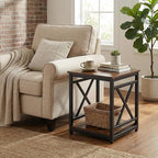 Industrial End Table with 2-Tier Storage Shelf, 18'' Square Side Table with X-Design Metal Frame, Rustic Brown Nightstand Bedside for Living Room Bedroom