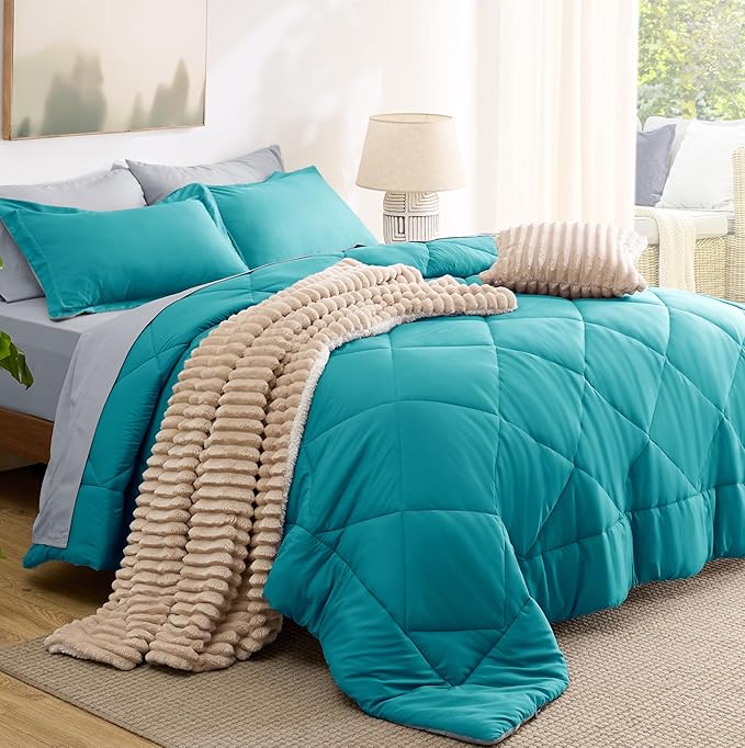 Bedsure Twin Comforter Set - 5 Pieces Reversible Teal Bedding, Twin Size Bed Set for All Seasons, Bed in a Bag with Down Alternative Comforter, Sheets, Pillowcase & Sham