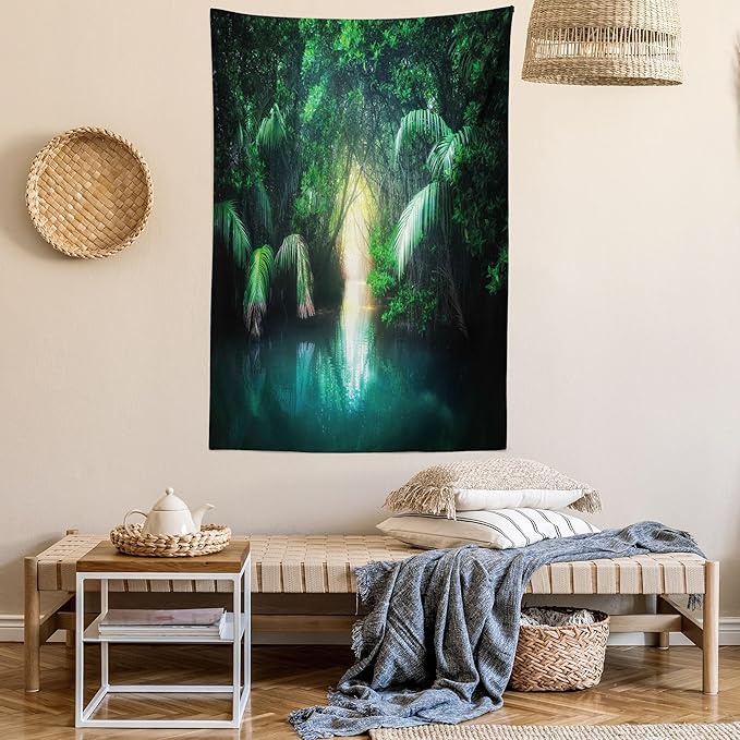 Ambesonne Jungle Tapestry Queen Size, Tropical Lake Mangrove Rainforest Pathway Through Sri Lanka Travel Destination, Wall Hanging Bedspread Bed Cover Wall Decor, Queen Size, Green Teal