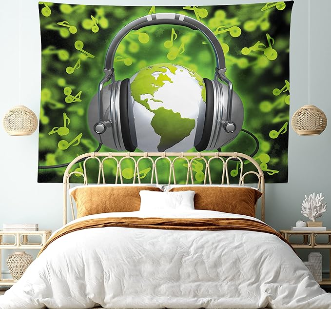 Ambesonne World Tapestry, World of Music Themed Composition DJ Headphones Musical Notes and Earth Globe, Fabric Wall Hanging Decor for Bedroom Living Room Dorm, 30" X 45", Lime Green Grey