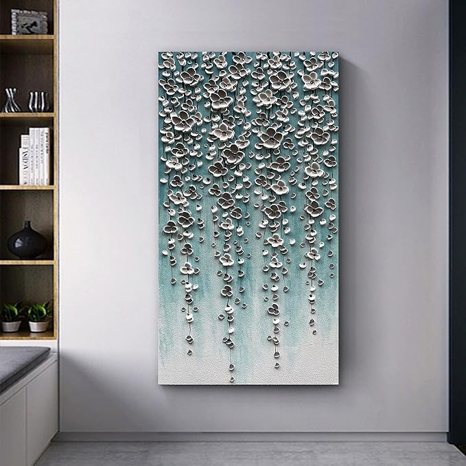 Epicler Large-Scale Oil Painting on Canvas Wall Art,46x23 inches Hand-Painted White Flower Wall Painting, Abstract Canvas Wall Art for Home Wall Decoration