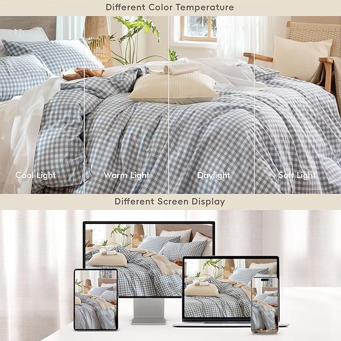 MooMee Gingham Duvet Cover Set 100% Washed Cotton Linen Like Textured Breathable Durable Soft Comfy Modern Checkered Design (Classic Gingham Cornflower Blue, Queen 90"x90")