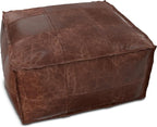 SIMPLIHOME Sheffield Coffee Table Pouf - 26 inch Wide Genuine Leather Square Ottoman in Distressed Brown, Boho-Style Footrest, Coffee Table, or Extra Seating for Living Room or Family Room, Assembled