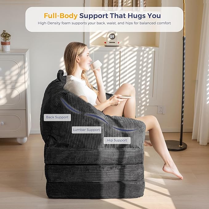 MAXYOYO Folding Sofa Bed with Backrest, Boneless Fold Out Couch Bed with Handle, 2 in 1 Convertible Bean Bag Chair to Floor Sofa Lounger, Comfy Folding Couch for Bedroom & Living Room, Black
