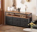 Huuger LED TV Stand for Bedroom, 47 Inch Dresser TV Stand for 43, 50, 55 Inch TV, Rustic Black TV Stand with Storage, Entertainment Center with Power Outlets, 6 Drawer Fabric Dresser for Living Room