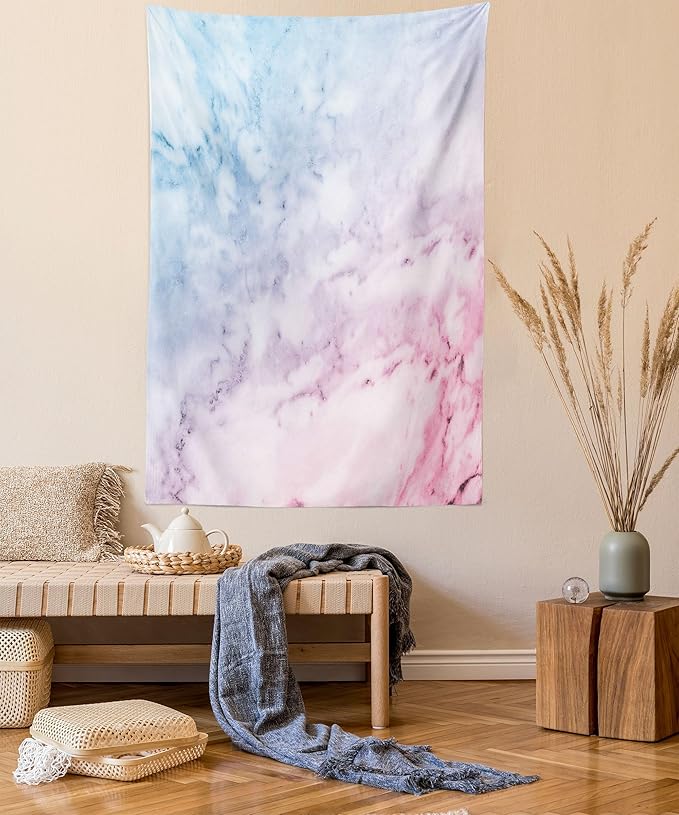 Ambesonne Marble Print Tapestry Twin Size, Pastel Toned Cloudy Crack Lines Stained Antique Shabby Design, Wall Hanging Bedspread Bed Cover Wall Decor, 68" X 88", Pink