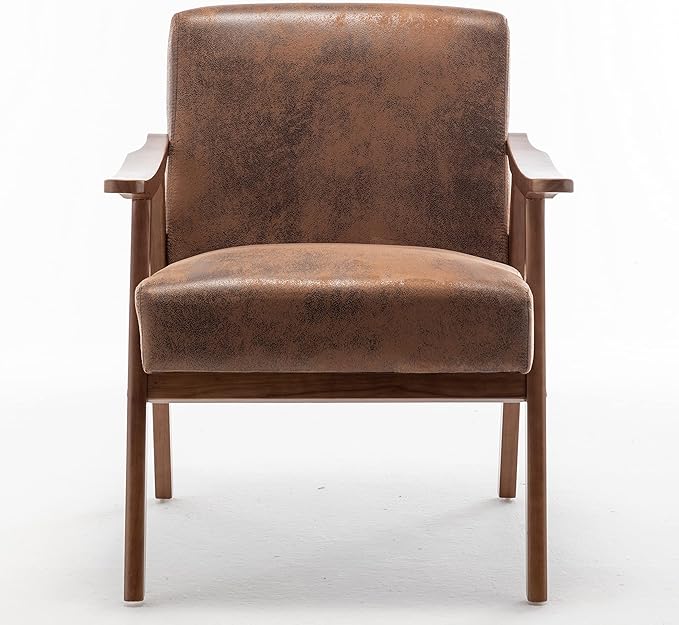 Accent Chair with Microfiber Upholstery and Solid Wood Frame, Classic Mid-Century Modern Living Room Furniture for Extra Seating, Brown