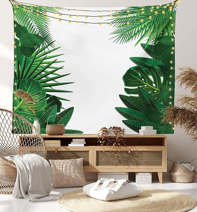 Ambesonne Leaf Tapestry King Size, Exotic Fantasy Hawaiian Tropical Palm Leaves Floral Graphic Art Print, Wall Hanging Bedspread Bed Cover Wall Decor, 104" X 88", Green White