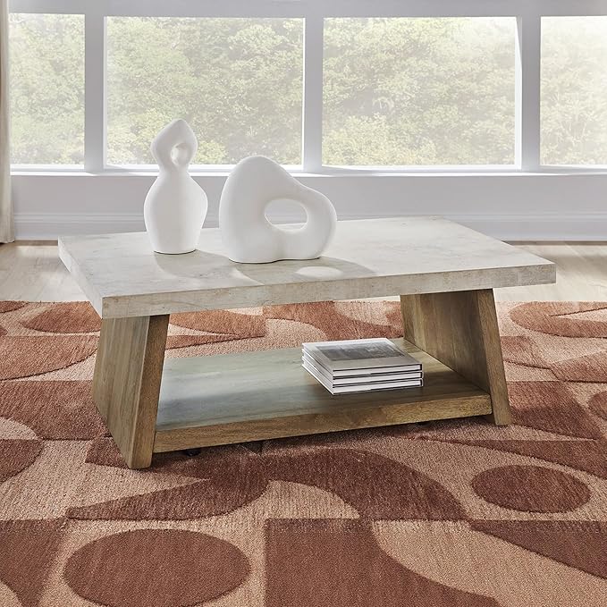 Signature Design by Ashley Brendalhouse Casual Coffee Table with Faux Cement Top, Bottom Shelf and Casters, Light Brown & White