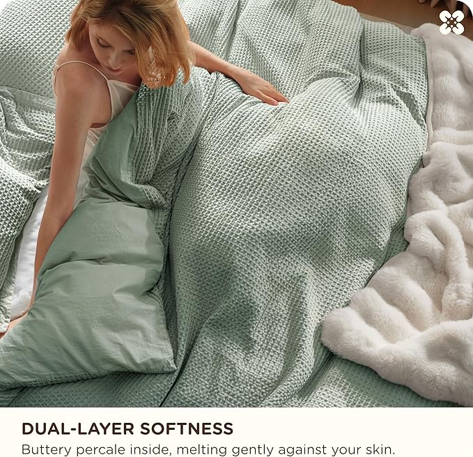 Bedsure Cotton Duvet Cover Queen - 100% Cotton Waffle Weave Sage Green Duvet Cover Queen Size, GentleSoft™ and Breathable Bedding Set for All Season, 3 Pieces, 90"x90"