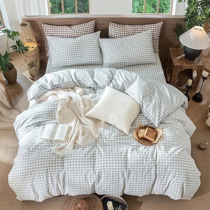 MooMee Gingham Duvet Cover Set 100% Washed Cotton Linen Like Textured Breathable Durable Soft Comfy Modern Checkered Design (Northern Droplet Grey Gingham, Super King 108"x98")