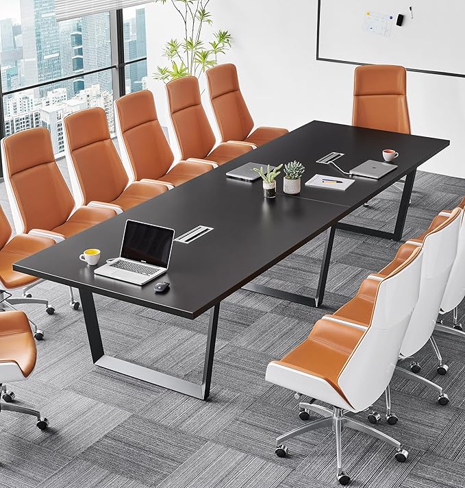 Sturdy Conference Table with Cable Management Grommets Modern Rectangle Office Meeting Table with Wood Tabletop and Metal Frame & Legs- Easy Assembly Boardroom Table (Black, 12 Foot)