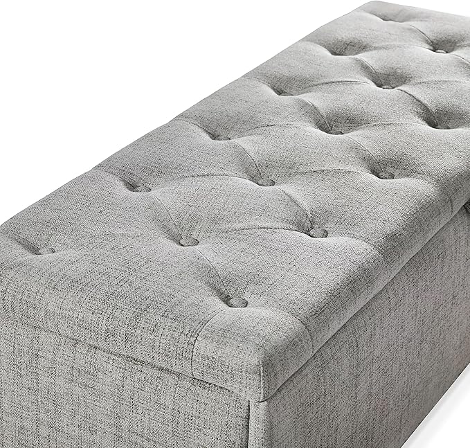 24/7 Shop at Home Sacallant Modern Linen Storage Bench with Button-Tufted Lift-Top, Upholstered Footstool, Rectangular Ottoman for Living Room, Bedroom, Entryway, Light Grey