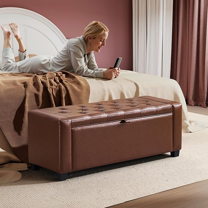 SUNWAVE Storage Ottoman Bench, PU Leather End of Bed Storage Bench with Button Tufted, Safety Hinge Lid, Large Ottoman for Bedroom, Living Room & Entryway