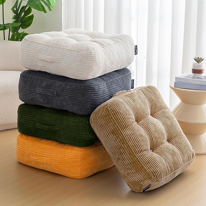 8" Washable Floor Pillow Cushion for Adults, Meditation Cushion Pillow, Large Square Floor Sitting, Removable Tufted Corduroy Cover, for Tatami Living Room or Yoga, 22x22 Inch, 2Pack, Machine Washable