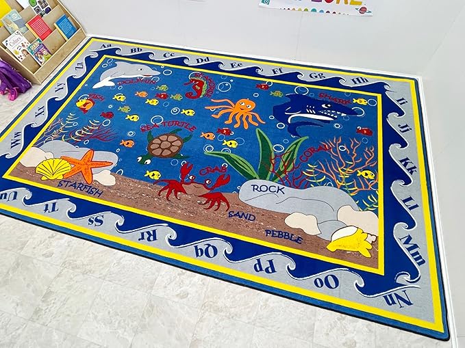 KIDCARPET.COM Fish in The Sea Rectangle Classroom Rug | Bordered Area Rug for Preschool Daycare Learning, 6' x 8'6"
