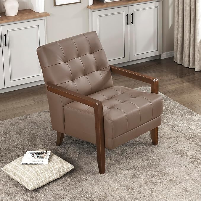 Lexicon Modern Accent Chair, Luxury Genuine Leather Match Living Room Chair with Tufted Cushions, Solid Wood Frame and Arm Rest, Comfy Upholstered Single Seat for Bedroom/Reading/Office, Brown
