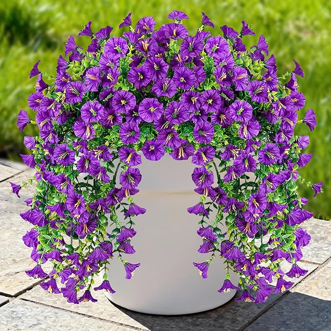 Artificial Hanging Flowers for Outdoors, 2 PCS UV Resistant Faux Silk 150 Morning Glory Each Trailing Vines, Fake Plants for Spring Outdoor Garden Planter Porch Patio Decoration, Purple