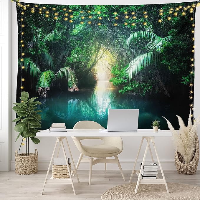 Ambesonne Jungle Tapestry King Size, Tropical Lake Mangrove Rainforest Pathway Through Sri Lanka Travel Destination, Wall Hanging Bedspread Bed Cover Wall Decor, King Size, Green Teal