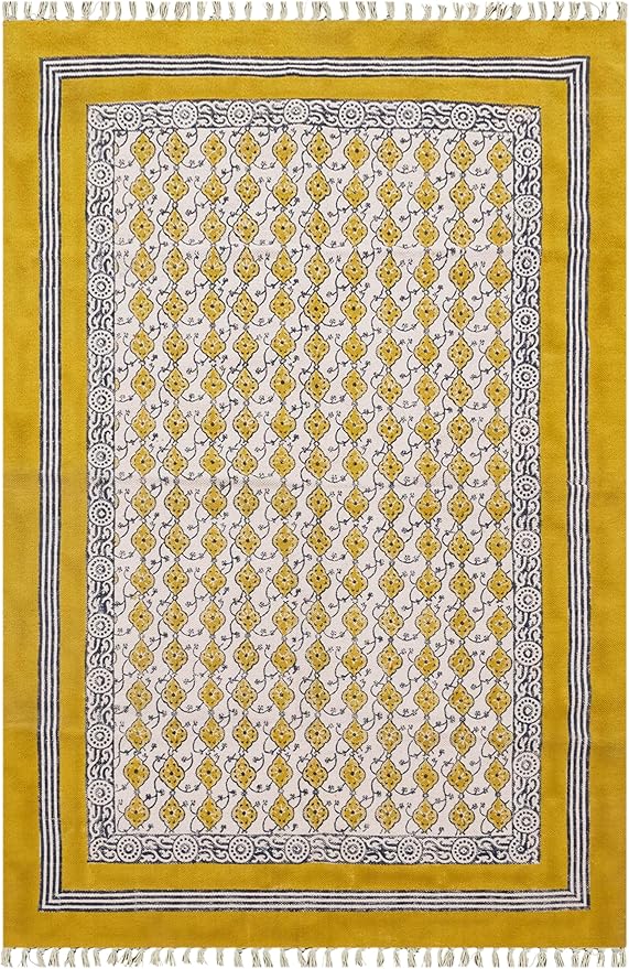 Area Rugs for 4x6 Bedroom Kilim Rug Floral Design Hand Block Printed Cotton Dhurrie Yellow Beige Handmade Boho Flatweave Thick 0.27" Indoor Outdoor Rugs for Living Room Hall Room Idea