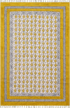 Area Rugs for 4x6 Bedroom Kilim Rug Floral Design Hand Block Printed Cotton Dhurrie Yellow Beige Handmade Boho Flatweave Thick 0.27" Indoor Outdoor Rugs for Living Room Hall Room Idea