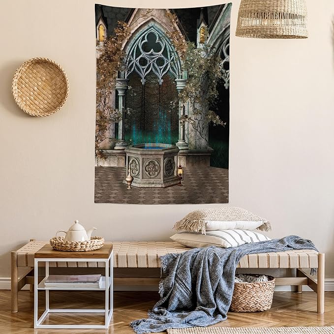Ambesonne Gothic Tapestry, Patio with Enchanted Wishing Well Ivy on Antique Gateway to Forest, Wall Hanging for Bedroom Living Room Dorm Decor, 40" X 60", Taupe Green