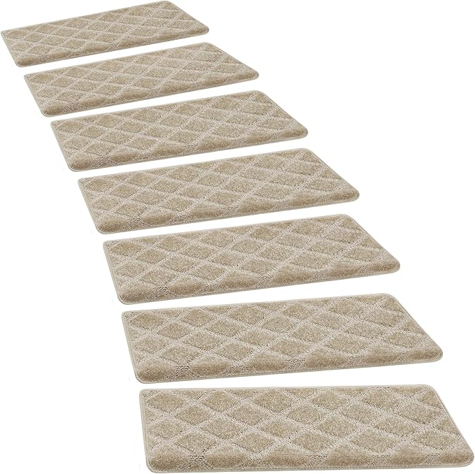 PURE ERA Bullnose Carpet Stair Treads Tape Free Non-Slip Indoor Stair Protectors Pet Friendly Stair Treads for Wooden Steps 9.5" x 30"(2 Pieces, Cream Gray Diamond Trellis)