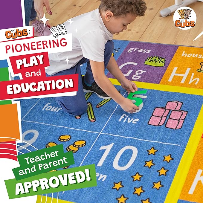 KC Cubs: Educational Rug: ABC Alphabet, Numbers & Shapes - 8x10' Playmat - Interactive Play, Activity Area Carpet, Bedroom-Classroom, Baby-Toddler-Kid
