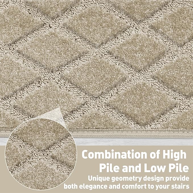 PURE ERA Bullnose Carpet Stair Treads Tape Free Non-Slip Indoor Stair Protectors Pet Friendly Stair Treads for Wooden Steps 9.5" x 30"(7 Pieces, Cream Gray Diamond Trellis)