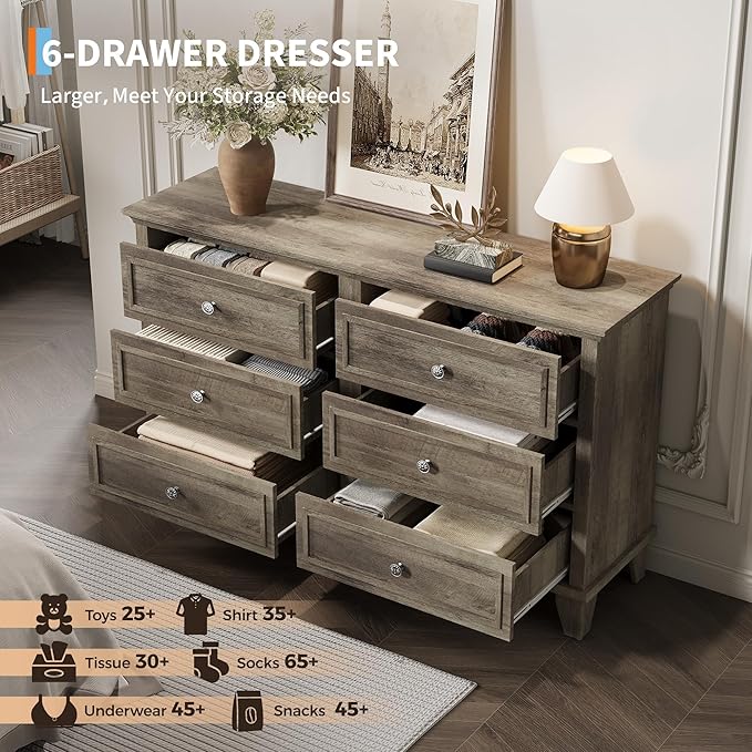 GarveeHome Farmhouse Grey Dresser for Bedroom with 6 Drawer, Double Dresser TV Stand with Vintage Handle, Wide Wood Dressers & Chests of Drawers, 6 Drawer Dressers for Bedroom, Living Room, Hallway