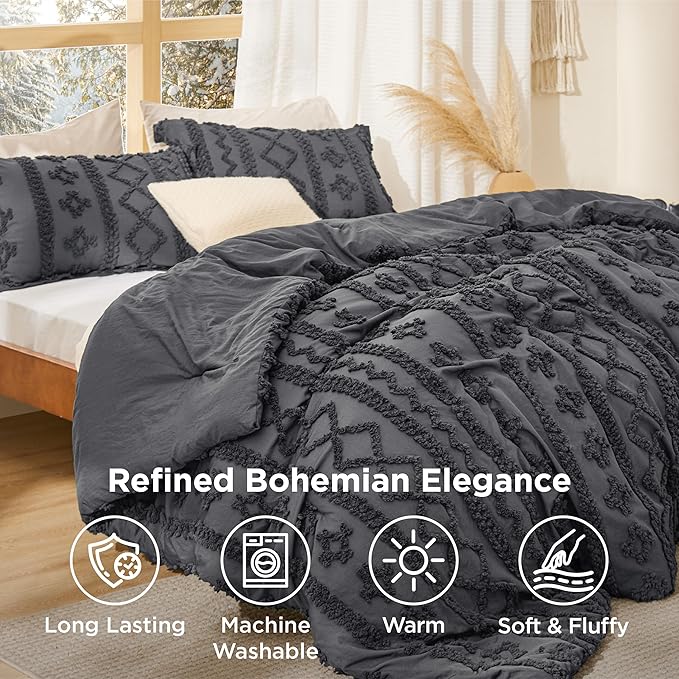 Bedsure Tufted Boho Comforter Set Full Size - Dark Grey Boho Bed Set, GentleSoft™ 3 Pieces Farmhouse Shabby Chic Embroidery Bedding, Gifts for Woman, Soft Jacquard Full Comforter for All Seasons