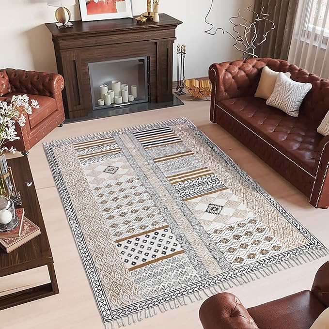 Area Rug 5' Square Rug Brown & Black Cotton Dhurrie Geometric Thick 0.19 inches Stone Easy Washable Rug Hand Wash Cotton Carpet Flatweave Rug Indoor Outdoor Rugs for Kitchen, Bedside, Enterway