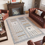 Area Rug 8' Square Rug Brown & Black Cotton Dhurrie Geometric Thick 0.19 inches Stone Easy Washable Rug Hand Wash Cotton Carpet Flatweave Rug Indoor Outdoor Rugs for Hall Room, Dining Room