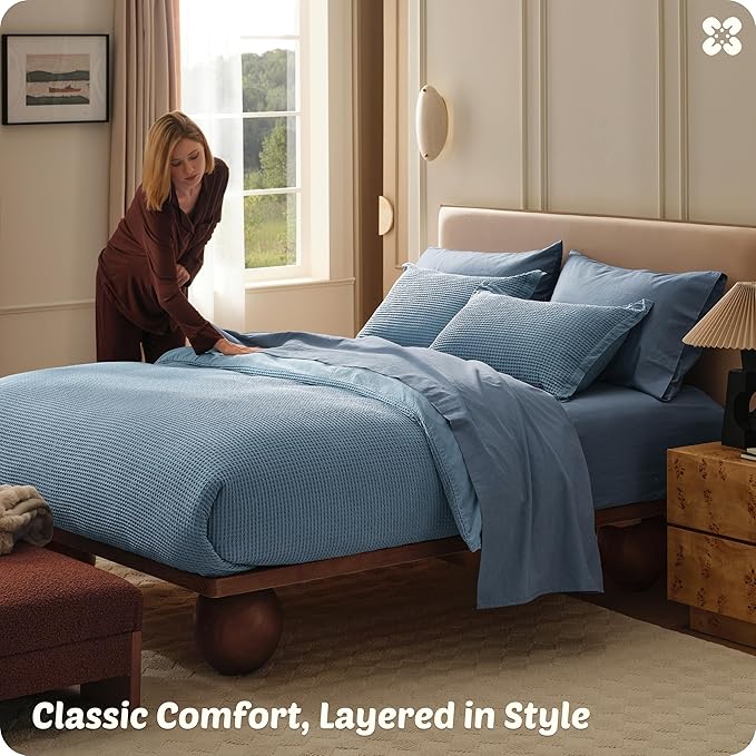 Bedsure Cotton Duvet Cover King - 100% Cotton Waffle Weave Grey Blue Duvet Cover King Size, GentleSoft™ and Breathable Bedding Set for All Season, 3 Pieces, 104"x90"
