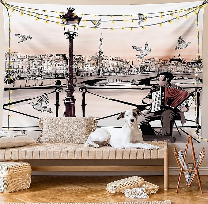 Ambesonne Music Tapestry Twin Size, Accordionist Playing Paris Street Urban European Famous City Panorama Graphic Scene, Wall Hanging Bedspread Bed Cover Wall Decor, 68" X 88", Peach Brown