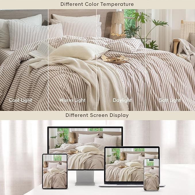 MooMee Striped Duvet Cover Set 100% Washed Cotton Linen Like Textured Breathable Durable Soft Comfy (Orange Classic Stripes, Palatial King/Oversized King 120"x98")