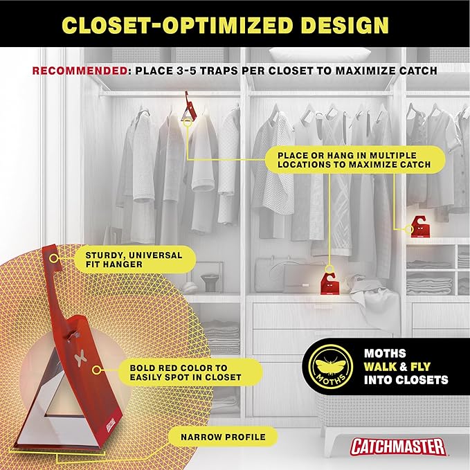 Catchmaster Clothing Moth Traps with Premium Extra Strength Odorless Pheromone Technology – Red, XL, Extra-Strength Glue – Traps & Targets Casemaking and Webbing Moths - 6-Pack
