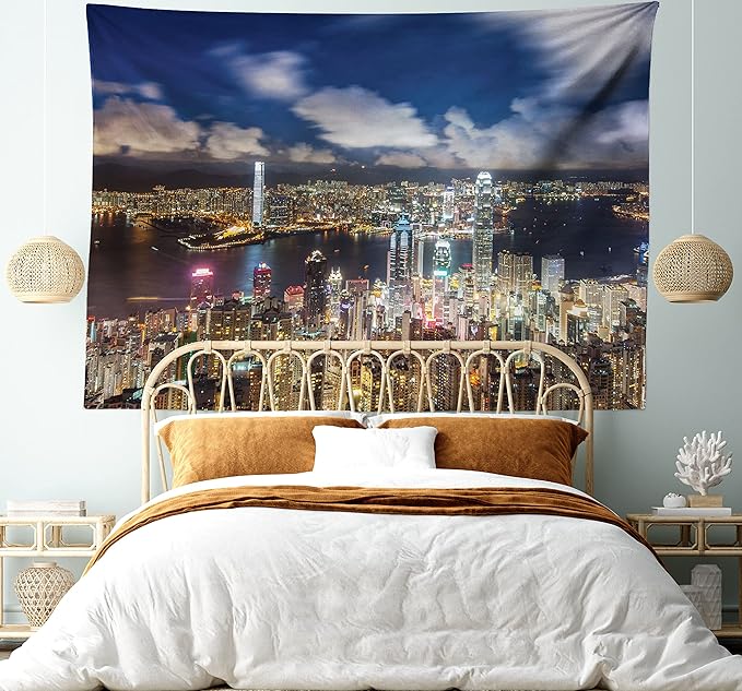 Ambesonne Cityscape Tapestry, Night View Hong Kong Victoria Harbor Business Financial District Cityscape Print, Fabric Wall Hanging Decor for Bedroom Living Room Dorm, 28" X 23", White Indigo