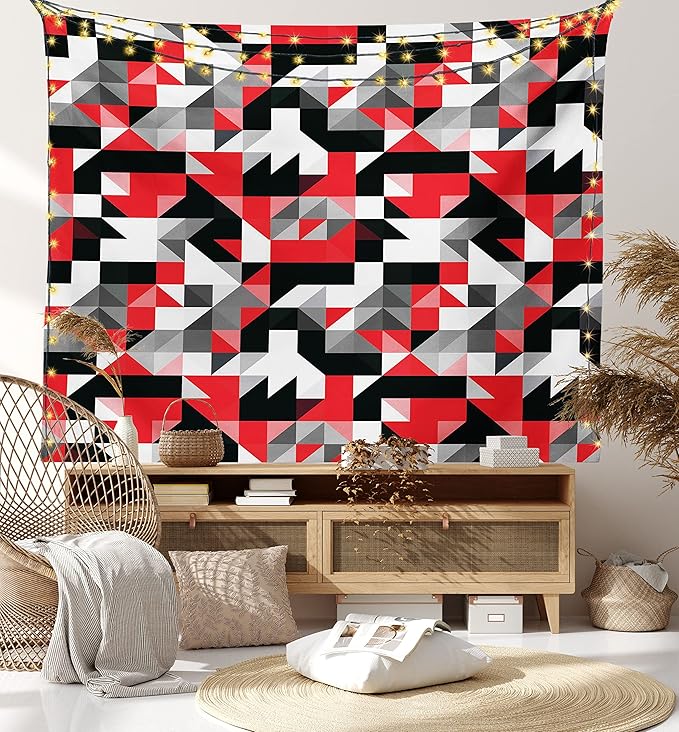 Ambesonne Abstract Tapestry, Abstract Geometric Half Triangles Squares Maze Inspired Image, Fabric Wall Hanging Decor for Bedroom Living Room Dorm, 30" X 45", Charcoal Vermilion