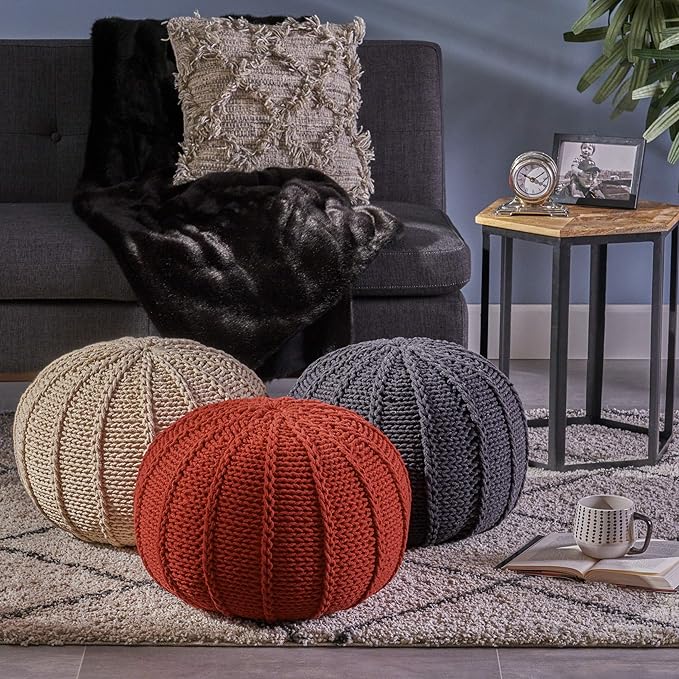 Christopher Knight Home Agatha Knitted Cotton Pouf, Dark Grey Small