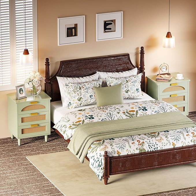 LITTLE TREE Rattan Nightstand Set of 2, Mint Green End Table with 3 Drawers for Couch, Wooden Bedside Table for Living Room, Bedroom, Easy Assembly