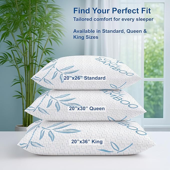OMEO 2 Pack Bamboo Pillow King Size for Sleeping, Hypoallergenic Cooling Shredded Memory Foam Bed Pillows for Side, Back and Stomach Sleepers, Adjustable Loft and Washable Cover 20" x 36"