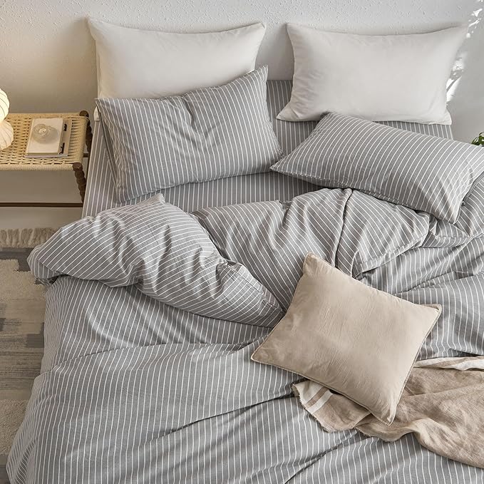 MooMee Striped Duvet Cover Set 100% Washed Cotton Linen Like Textured Breathable Durable Soft Comfy (Light Grey White Wide Stripes, Full 80"x90")