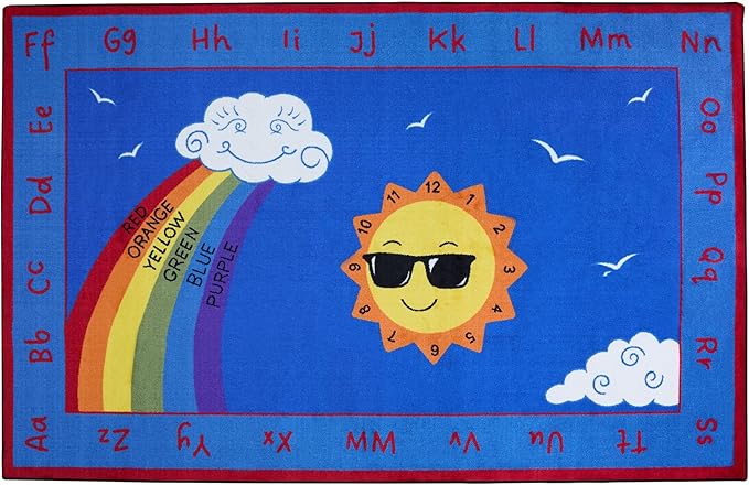 KIDCARPET.COM Shine Bright Learning Rainbow Rug 7'6" x 12' Rectangle for School or Classroom | Kids Learning Numbers, Colors & Alphabets | Playroom Area Rug