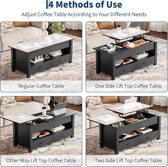 IDEALHOUSE 47.2" Coffee Table with Storage, Multi-Function Lift Top Coffee Table with Wooden Lift Tabletop, 2 Drawers and Hidden Compartment, Central Table for Living Room Home Office, Black