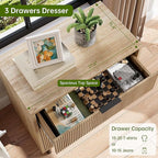 GarveeHome Oak Fluted 3 Drawers Dresser, Wide Wood Chest of Drawers, Modern Storage Dresser Chest of Drawers Organizer with Metal Legs and Anti-Tipping Device for Bedroom Living Room